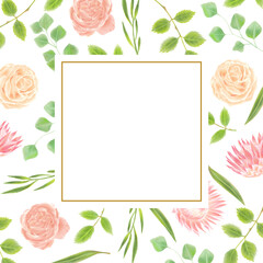 Protea flowers and rose flowers wheath frame with leaves
