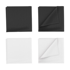 Set of black and white folded bandana, scarf, shawl, kerchief, scarve, napkin, drape of top view. 3d illustration of a template, mock up for printing design, logo, branding on fabric.