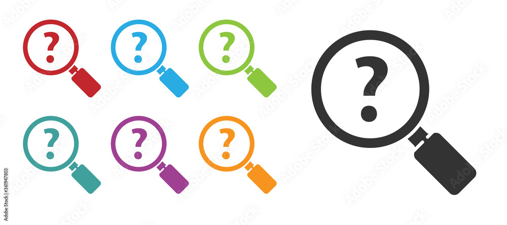 Poster black unknown search icon isolated on white background. magnifying glass and question mark. set icon