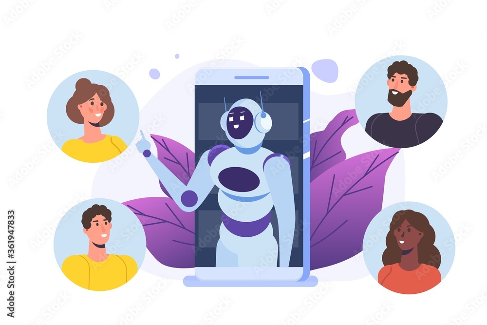 Poster chatbot concept. man talking to robot. customer support service android, artificial intelligence dia