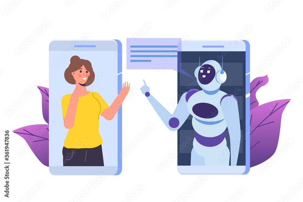 Poster chatbot concept. man talking to robot. customer support service android, artificial intelligence dia