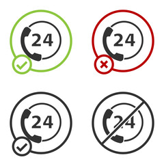 Fototapeta premium Black Telephone 24 hours support icon isolated on white background. All-day customer support call-center. Full time call services. Circle button. Vector Illustration.