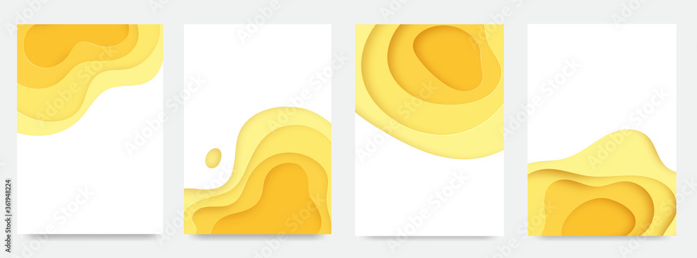 Poster set of dynamic papercut 3d poster. yellow liquid wavy form with shadow in minimalistic style. abstra
