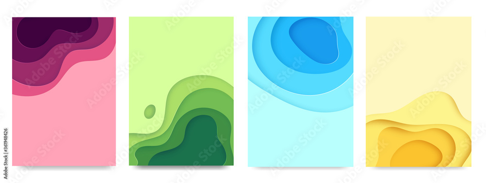Poster vertical banners set with 3d abstract paper cut shapes. vector design layout for business presentati