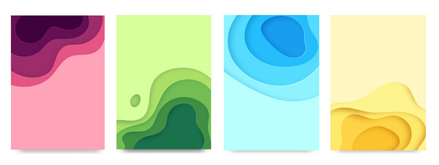 Vertical banners set with 3D abstract paper cut shapes. Vector design layout for business presentations, flyers, posters and invitations. Colorful carving art