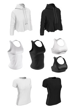 Set of women's sportswear in black and white color. T-shirt, jacket, top, singlet. 3d render realistic template, mock up. Presentation of logo, design, print.