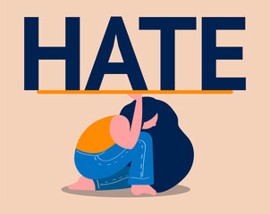 A woman is trying to resist the onslaught of hatred. Illustration of bullying and hate online and in real life.