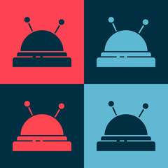 Pop art Needle bed and needles icon isolated on color background. Handmade and sewing theme. Vector Illustration.
