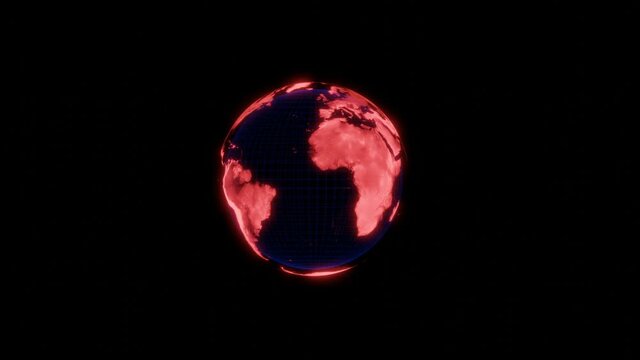 Wireframe the Red Earth rotating on black background.  Earth Hologram Rotation Loop.