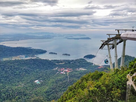 Langkawi island, Malaysia - January 3rd 2019: Second steepest cable car in the world. Langkawi rope way also known as SkyCab located in Oriental Village.