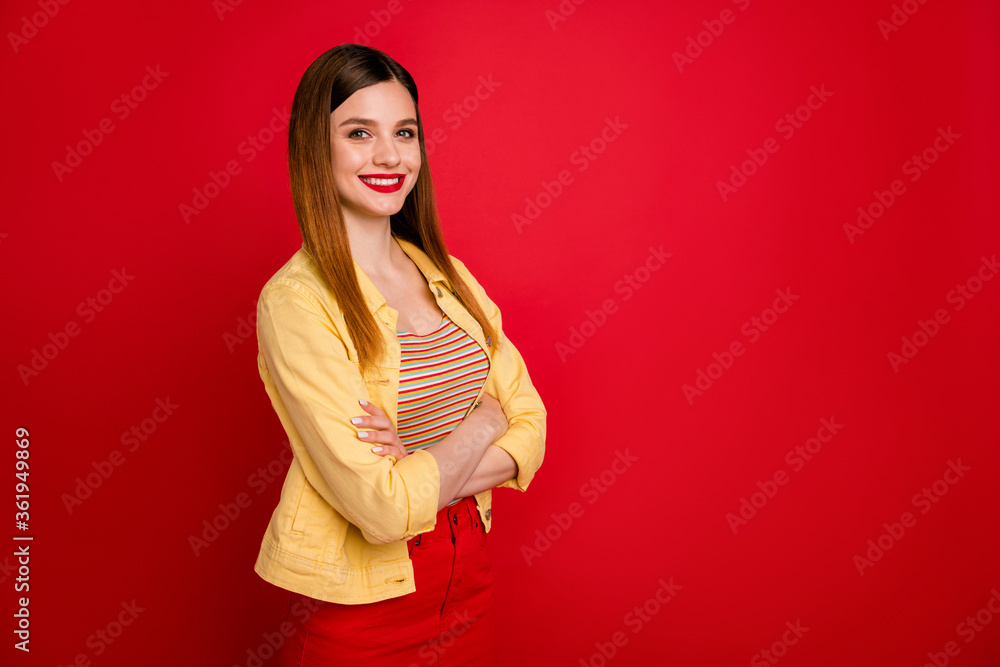 Sticker Profile side view portrait of her she nice attractive pretty content glad cheerful cheery red-haired girl consultant agent broker folded arm isolated on bright vivid shine vibrant red color background