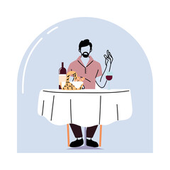 Man sitting at restaurant table with wine and breads basket vector design