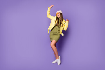 Full length body size view of her she nice-looking attractive pretty cheerful girl dancing...
