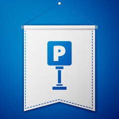 Blue Parking icon isolated on blue background. Street road sign. White pennant template. Vector Illustration.