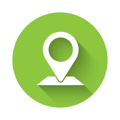 White Map pin icon isolated with long shadow. Navigation, pointer, location, map, gps, direction, place, compass, search concept. Green circle button Vector Illustration