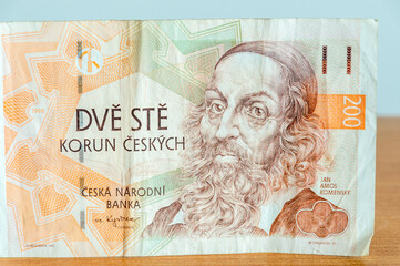 Portrait of John Amos Comenius on 200 CZK Czech Koruna banknote. John Amos Comenius was a Czech philosopher, pedagogue and theologian from the Margraviate of Moravia.
