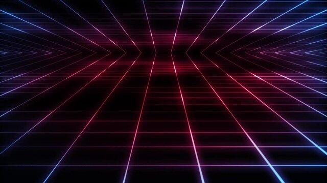 Retro Eighties Synthwave Technology Grid Background Loop/ 4k animation of a colorful abstract retro minimal cyberspace grid background with eighties style seamless looping