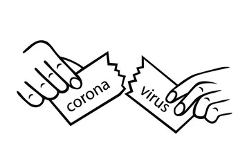 Hands tear paper with inscription coronavirus, victory over covid-19 pandemic, end of quarantine. Hand drawn vector element Isolated on white background for decoration, postcard, flyer, banner