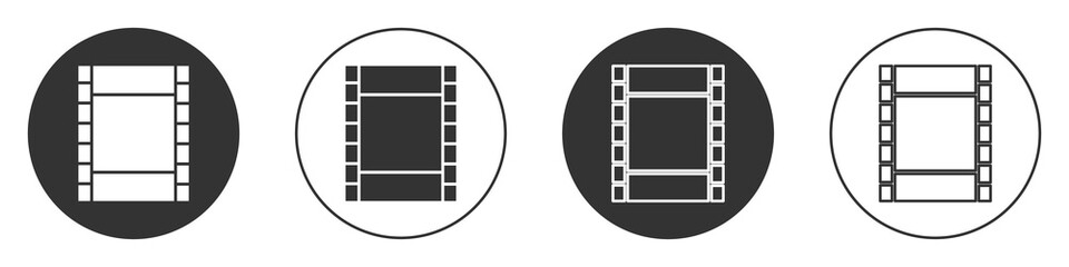 Fototapeta na wymiar Black Play Video icon isolated on white background. Film strip sign. Circle button. Vector Illustration.
