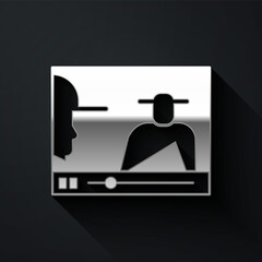 Silver Online play video icon isolated on black background. Film strip with play sign. Long shadow style. Vector Illustration.