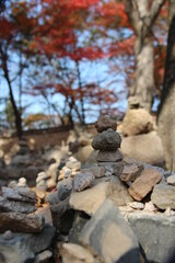 Fototapeta na wymiar Stacked stone pagoda built by visitors and red maples as background in autumn at Bulguksa Temple, Gyeongju, South Korea