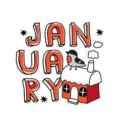 January. The inscription with a Christmas tree toy and a bullfinch.