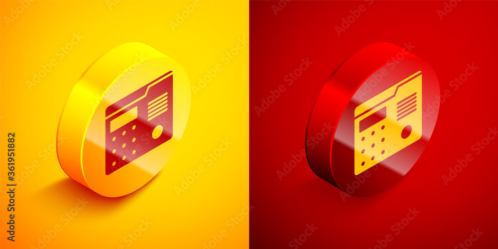 Poster isometric house intercom system icon isolated on orange and red background. circle button. vector il