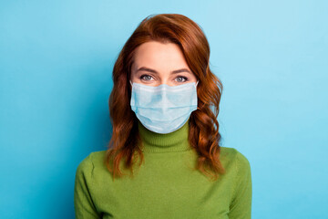 Close-up portrait of her she wavy-haired girl wearing safety gauze mask healthy lungs immunity...