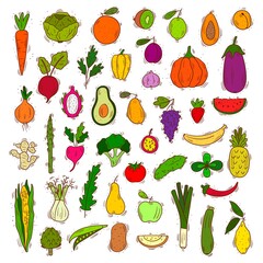 Set of fruits and vegetables, vector illustration clip art - Farm produce collection, cooking, healthy veggie food - Vector objects isolated