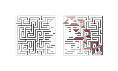 Labyrinth maze game for children. Simple puzzle with solution isolated on white background. Vector illustration.