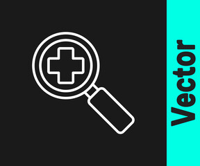 Obraz premium White line Magnifying glass for search medical icon isolated on black background. Hospital search. Vector Illustration.