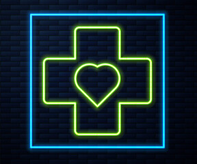 Glowing neon line Heart with a cross icon isolated on brick wall background. First aid. Healthcare, medical and pharmacy sign. Vector Illustration.