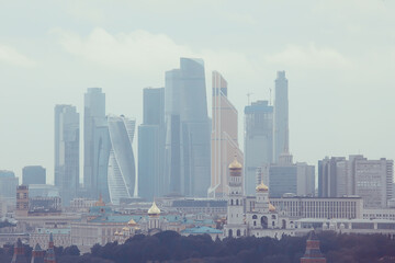 Moscow gloomy view of the city from above, smok ecology city view © kichigin19