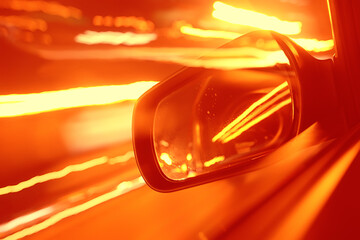 night trip on car background, abstract blurred rear view mirror urban road