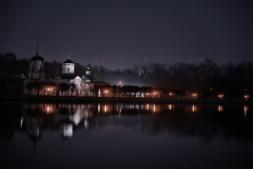 night landscape church near russia river, abstract historical landscape architecture christianity in russia tourism