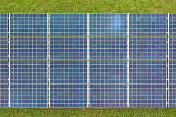 Aerial view of huge solar panels close up from a height. Alternative clean green energy using renewable solar energy. Drone photo Photographed solar panels. In Europe, in Hungary.