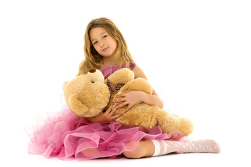 Little girl with teddy bear.Isolated on white background.