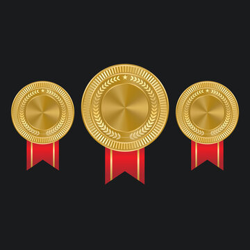 Realistic Gold medal with red ribbons for Winner isolated. Honor prize. Vector illustration