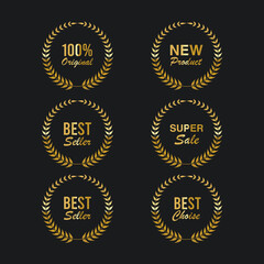 Gold Retro Guarantee Labels with Wreaths Isolated on Black Background.