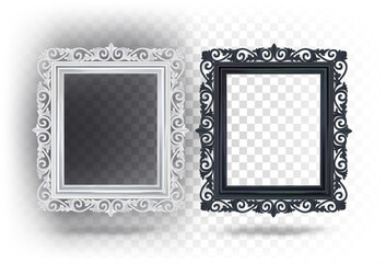 Baguette rectangular frame in black and white. Vector 3d illustration. Beautiful vintage frame. Antique baroque style frame. Classic fashionable interior decor. Mirror, photo frame. - obrazy, fototapety, plakaty
