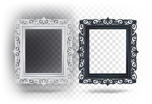 Baguette rectangular frame in black and white. Vector 3d illustration. Beautiful vintage frame. Antique baroque style frame. Classic fashionable interior decor. Mirror, photo frame.