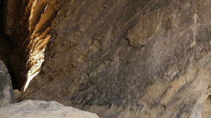 Petroglyphs on rock in Gobustan. 