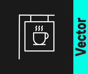 White line Street signboard coffee icon isolated on black background. Vector Illustration.