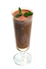 Chocolate milk shake in tall glass on white background garnished with mint leaves