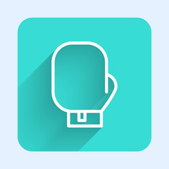 White line Boxing glove icon isolated with long shadow. Green square button. Vector Illustration.