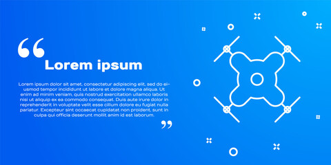White line Drone flying icon isolated on blue background. Quadrocopter with video and photo camera symbol. Vector Illustration.