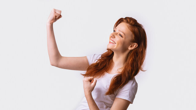 Happy Millennial Girl Gesturing Yes Celebrating Success, White Background, Panorama