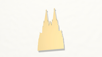 church made by 3D illustration of a shiny metallic sculpture on a wall with light background. architecture and building