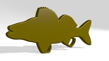 fish made by 3D illustration of a shiny metallic sculpture with the shadow on light background. animal and food