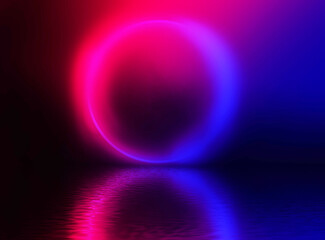 Neon dark background, bright light, reflection in the water. Light neon effect, energy waves on a dark abstract background. Laser colorful neon show.